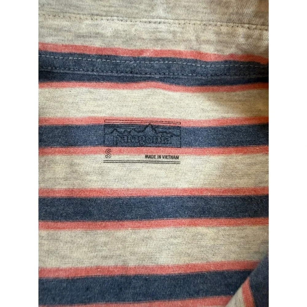 Patagonia Polo Shirt S Grey‎ Blue Pink Striped Organic Cotton Short Sleeve 52185
